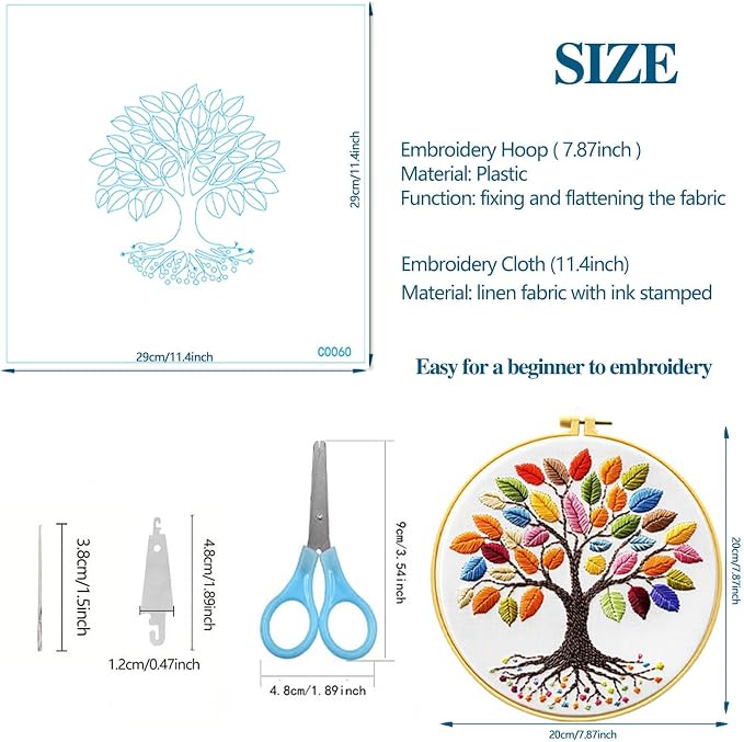Zhenqing Rainbow Tree of Life Embroidery Kit for Beginners - 29x29cm Printed Fabric with Hoop & Full Tools (C0060)