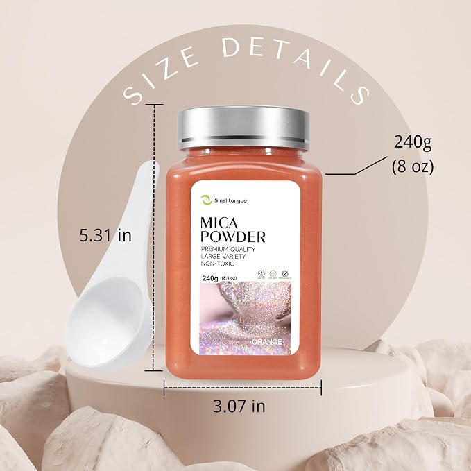 Mica Powder, Orange, 240g with Scoop, Complies with ASTM D-4236 | For Epoxy Resin, Soap, Bath Bomb, Candle| Safety Material| Odorless| Brilliant Colors