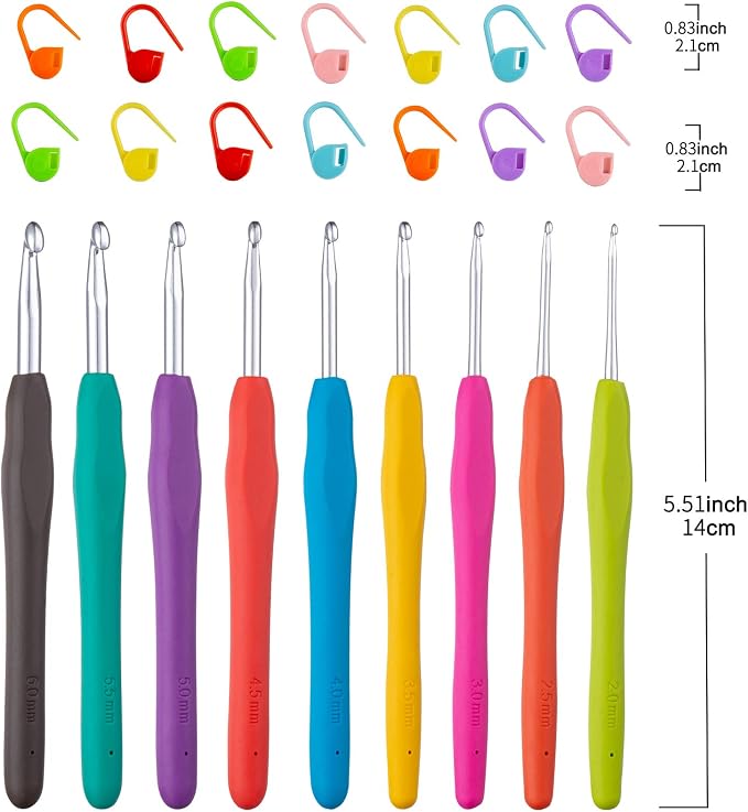 Vodiye 9 Sizes Crochet Hooks 2.0–6.0mm, Ergonomic Crochet Hook Set, Crochet Needles for Beginners, DIY Projects and Craft Lovers