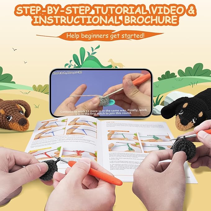 Fortuning's JDS Crochet Kit for Beginners, 2 PCS Dachshund Crochet Kits