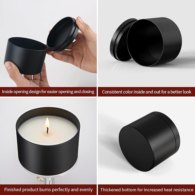 MGLIFEUL 4oz Candle Tins Jars Cans with Lids and Wax Wick for Making Candle | Black Empty Candle Containers for Small Business & Beginners Commercial candle-making DIY Candle Supplies (Black,4oz,12pcs)