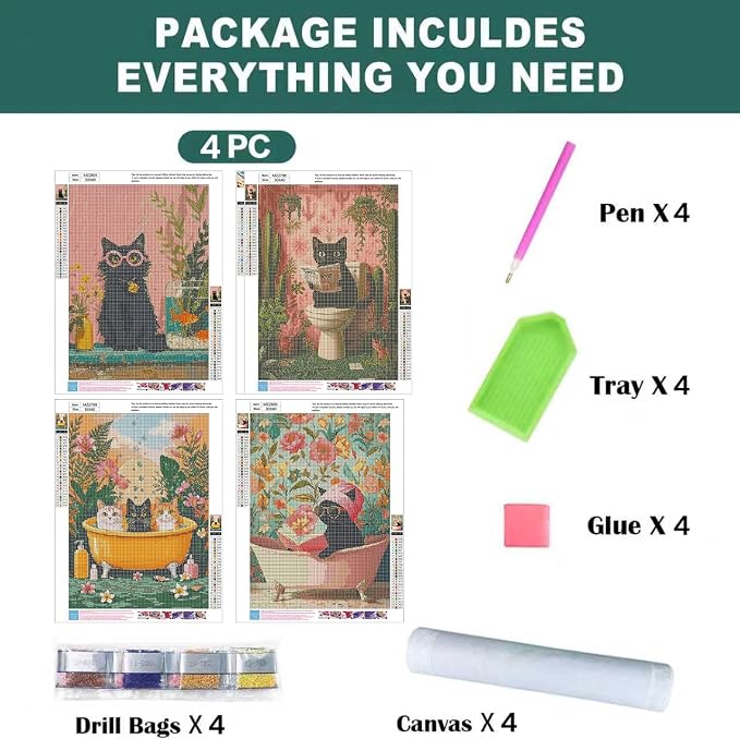 mrpwnle 4 Pack Cat Diamond Art Kits for Adults, Black Cat Diamond Painting