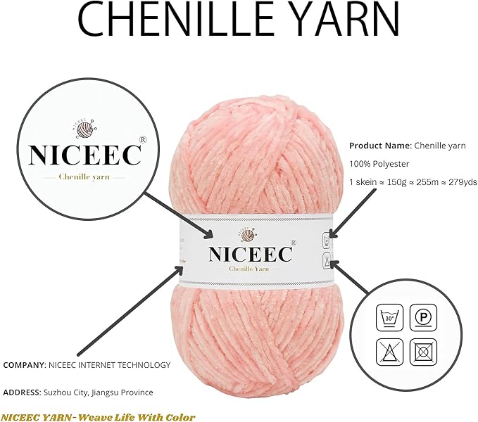NICEEC 2 Skeins Soft Chenille Yarn 2 x255m (2X 279yds, 3X 150g)_Pink