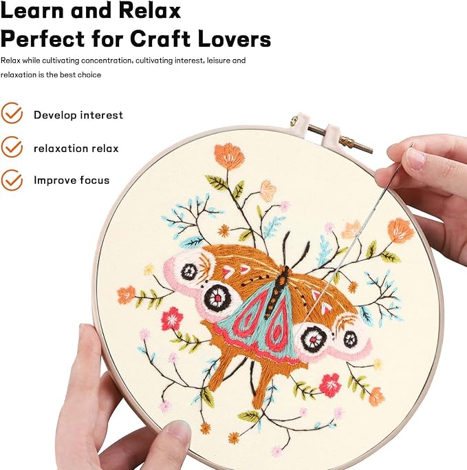 Beginner Butterfly Embroidery Kit for Adults, Pre-Printed with Video