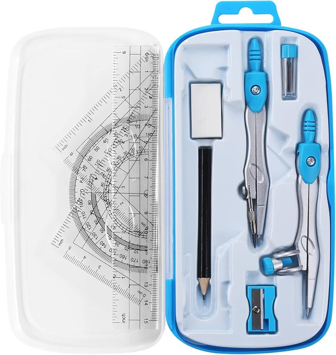 Unjoo Math Geometry Set 10 Pcs, Compass and Protractor for Students(Blue) | Shatterproof Storage Box,Rulers,Protractor,Compass,Eraser,Pencil Sharpener,Lead Refills,Pencil,for Classroom, Back to School