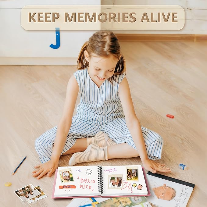 popotop 8x8 Inch Scrapbook Photo Album, 60 Page Decorative Kraft Paper Book for 4x6 Pictures, DIY Memory Photo Albums as Gifts for Wedding Baby Christmas School Family