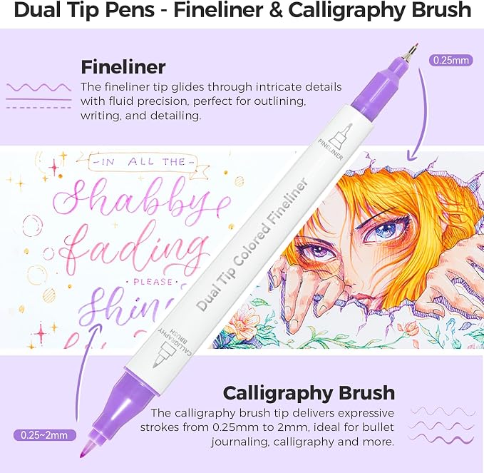Ohuhu 12 Colors Brush & Fineliner Dual Tips Colored Drawing Pens for Adults