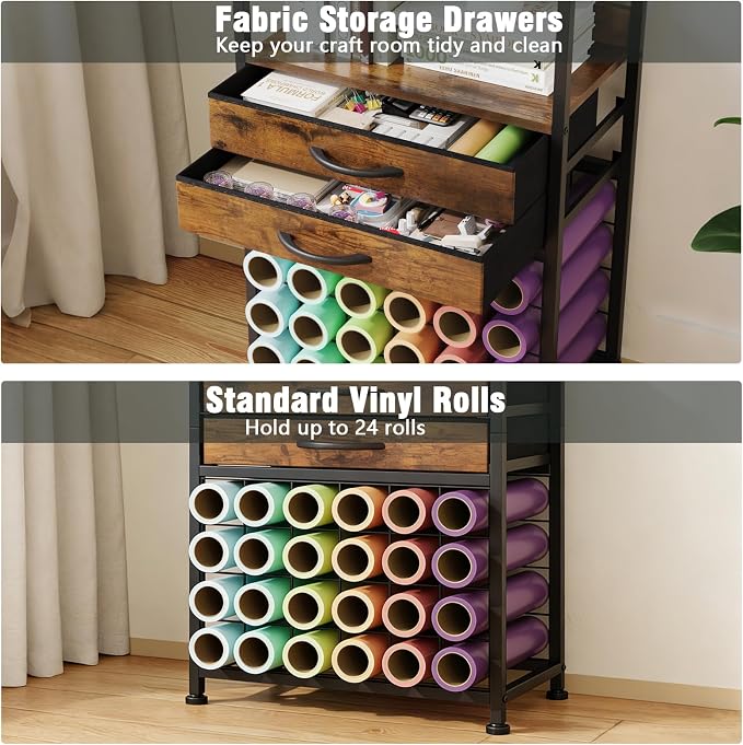 VENNQD Craft Organizers and Storage Cart with Fabric Drawer, Craft Table for Cricut Machines, 4 Tiers Crafting Desk Vinyl Roll Holder, Crafting Table Workstation for Craft Room Home, Rustic Brown