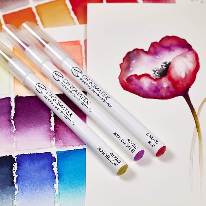 CHROMATEK 30 Watercolor Brush Pens | 15 Page Tutorial Pad & Online Video Series | Brush Tips | Vivid, Blendable Professional Artist Quality | 27 Colors | 3 Aquapens | Complete Water Color Painting Set