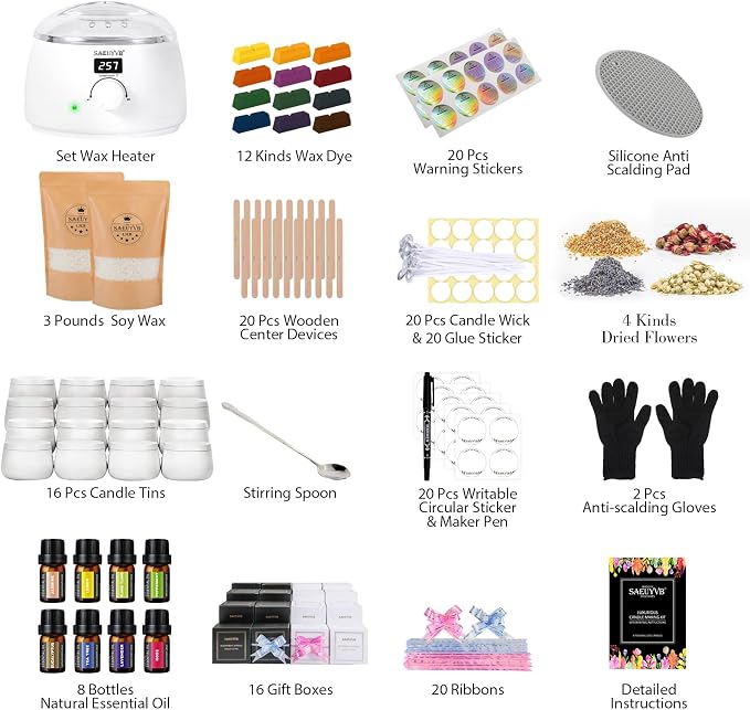 SAEUYVB Candle Making Kit for Adults with Electric Wax Melting Pot(White) | Complete DIY Starter Soy Candle Making Kit/Supplies,Suitable for Handmade Candle Gift for Birthdays,Mother's Day,Christmas
