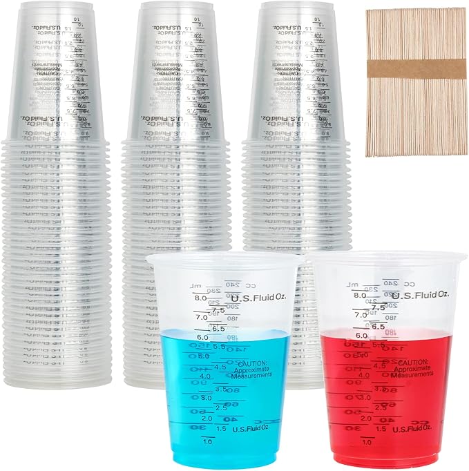 100 PACK 10 oz Plastic Measuring Cups, with 100 Wooden Mixing Sticks