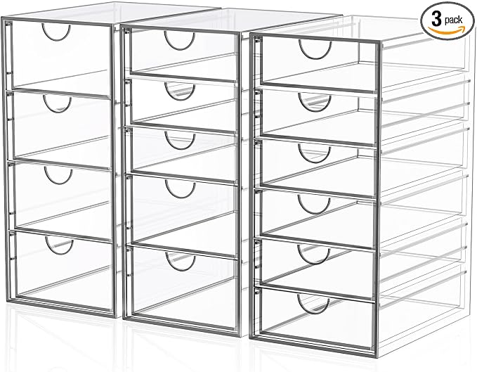 YFXCVSL 3-Pack Acrylic 15-Drawer Storage & Makeup Organizer for Desk | Smooth-glide drawers, clear acrylic, dustproof, waterproof, wipe-clean, for nail polish, essential oils, hair clips