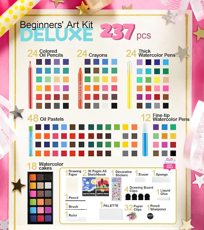 237-Piece Kids Art Set with Double-Sided Easel, Painting Kits for Kids Ages 4-8, Non-Toxic Art Supplies for Girls & Boys, Drawing Set with Watercolor, Oil Pastels, resent for Young Artists-Black