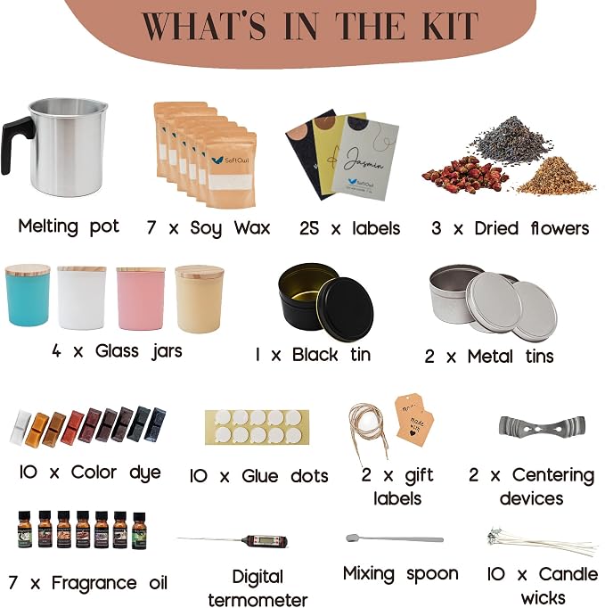 SoftOwl Premium Soy Candle Making Kit - Full Set - Soy Wax, Big 7oz Jars & Tins, 7 Pleasant Scents, Color Dyes & More - Perfect as Home Decorations - DIY Starter Scented Candles Making Kit