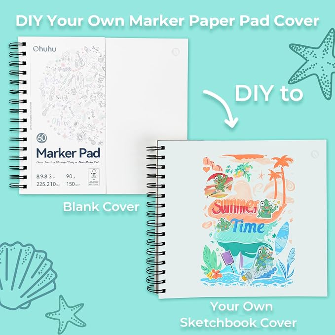 Ohuhu 8.3"x8.3" Double-Sided Bleedproof Marker Pad Art Sketchbook 60 Sheets | Square Sketch Book - 90 LB/150 GSM Smooth Drawing Paper - 60 Sheets/120 Pages - Spiral-Bound Sketch Pad for Alcohol Markers