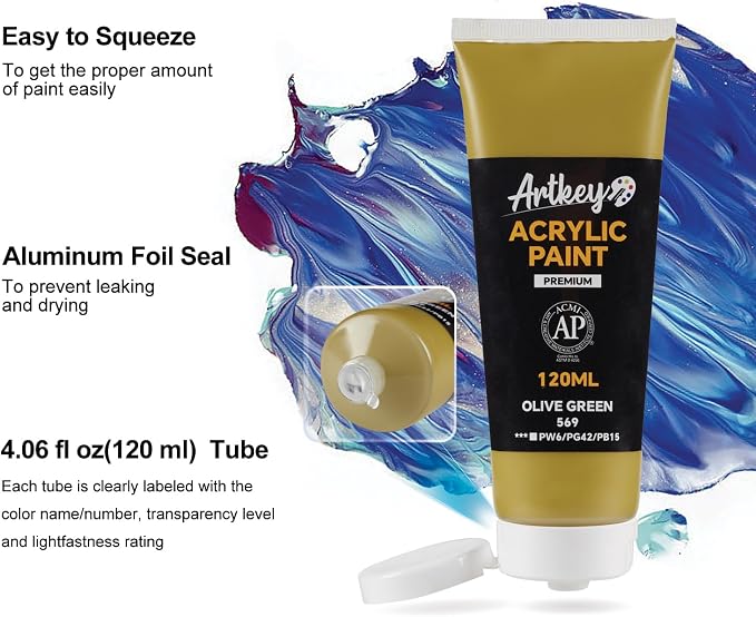 Artkey Acrylic Paint - Olive Green (120 ml/4.06 oz) Tubes, Rich & Vibrant Pigments, Professional Artists Acrylic Paints - Art Supplies for Canvas Wood Rock Clay Fabric Ceramics Art Crafts Painting