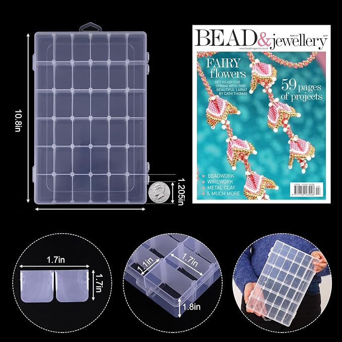 Bead Organizer Storage 4 Pack 36 Grid Jewelry Tackle Craft Box Adjustable | Clear Plastic, Adjustable Dividers, Label Stickers Included, for Beads Jewelry Crafts Fishing Tackle and Small Parts
