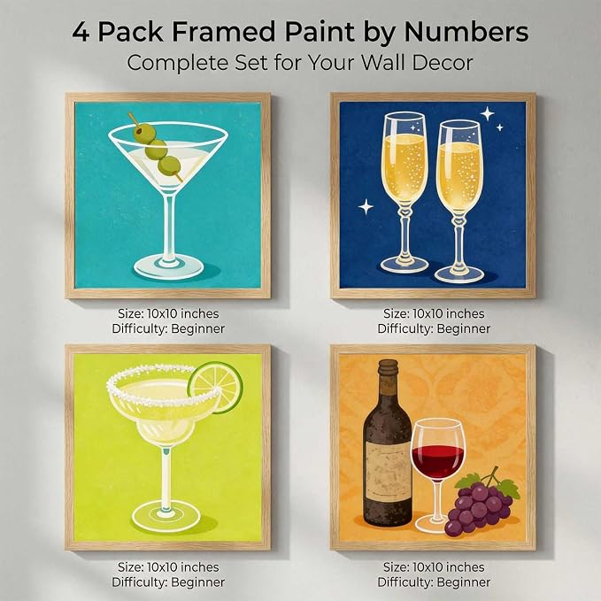 Amphol 4 Pack Framed Paint by Numbers Kit for Adults, Vintage Bar Easy Paint by Numbers for Beginners with Frame, 10x10 Inch Framed Wine Oil Painting Art on Canvas for Home Wall Decor and Gift