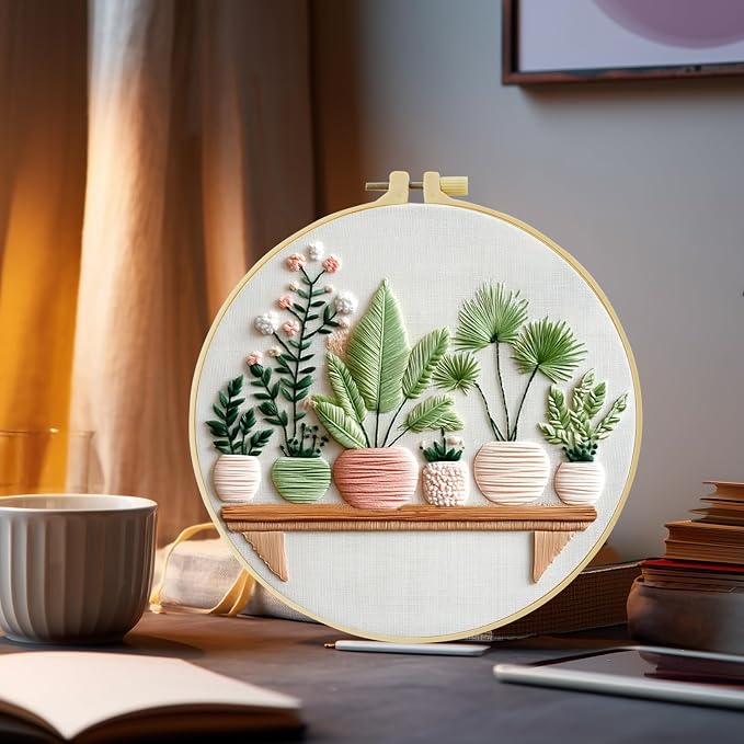 Full Range Embroidery Kit for Adult, Green Plant Pattern Embroidery Kit for Beginners Include Embroidery Cloth Hoops Threads for Craft Lover Hand Stitch with Embroidery Skill Techniques (Plant1)
