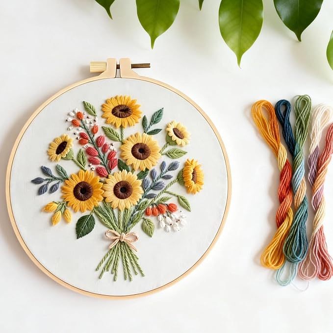 Herdiese Embroidery Kit for Beginners & Adults with Flower Pattern | Stamped Cross Stitch Kit Including Fabric, Hoop, Threads, Needles & Instructions, Complete DIY Hand Sewing Craft Set