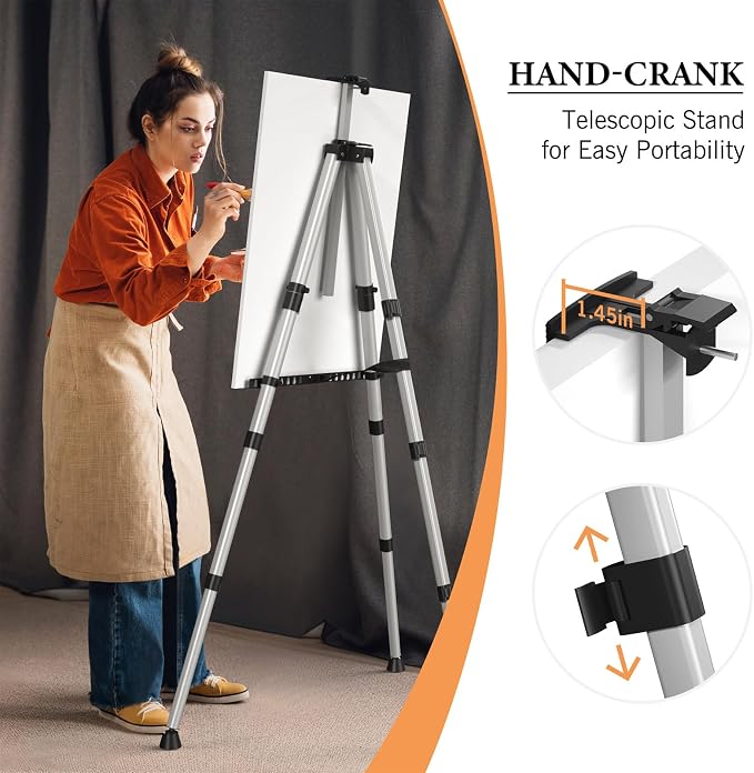 Art Painting Easel Stands, Adjustable Display Tripod Artist Sign Easels | Portable 66 inches Aluminum Metal Silver Floor Stands with 2 Bags for Table-top/Floor Drawing, Sturdy for Canvases Displaying