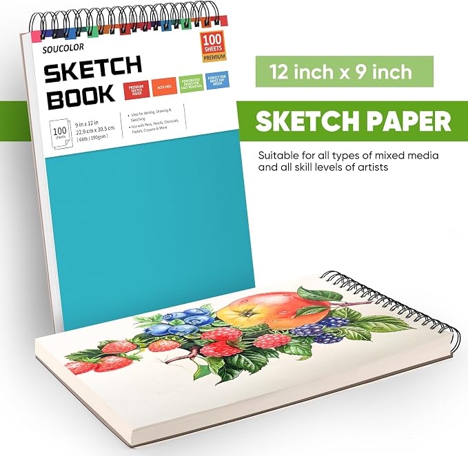 Soucolor Sketchbook 9x12, 100 Sheets Drawing Pad,Art Sketch Book for School | 68lb acid-free paper,No bleed-through,Lay-flat top spiral,Micro-perforated,for kids,Students & Back to School.All dry media