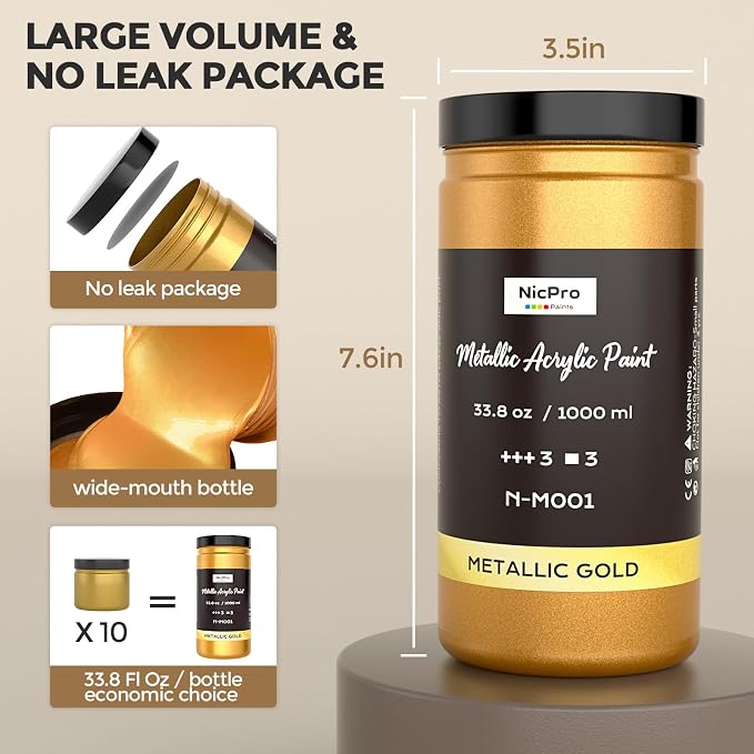 Nicpro Acrylic Paint Metallic Gold, 33.8oz/1000ml Large Gold Leaf Paint | Non Toxic, Non Fading for Art Painting, Handcrafts, Ideal for Multi-surface, Canvas, Wood, Clay, Fabric, Metal, Furniture