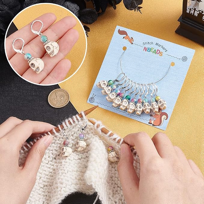 NBEADS 15 Pcs Skull Stitch Markers, Skull and Colorful Acrylic Beads Crochet Stitch Marker Charms Removable Locking Stitch Marker for Knitting Weaving Sewing Accessories Quilting Handmade Jewelry