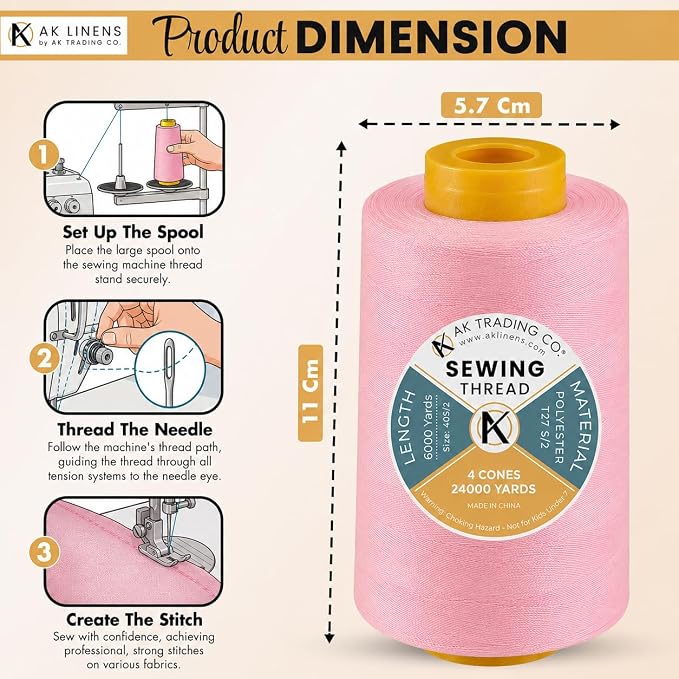 AK Trading 4-Pack Pink All Purpose Sewing Thread Cones (6000 Yards Each) of High Tensile Polyester Thread Spools for Sewing, Quilting, Serger Machines, Overlock, Merrow & Hand Embroidery.