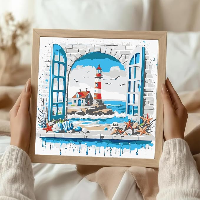 ICYANART Paint by Numbers for Adults Framed, Beach Number Painting 8x8In