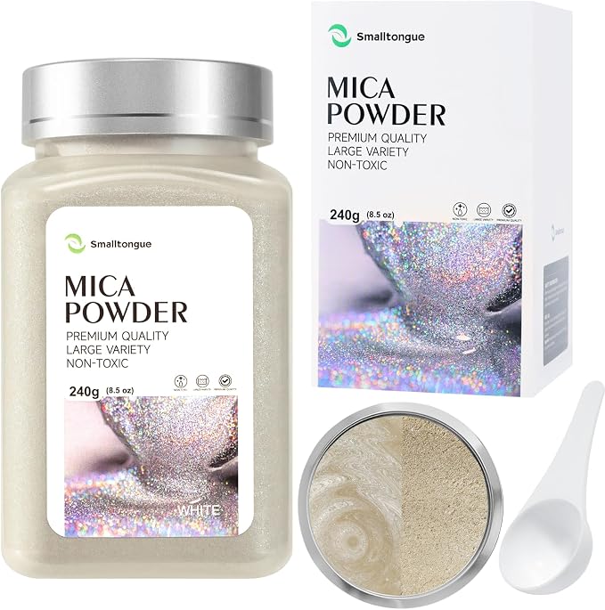Mica Powder, White, 240g with Scoop, Complies with ASTM D-4236 | For Epoxy Resin, Soap, Bath Bomb, Candle| Safety Material| Odorless| Brilliant Colors