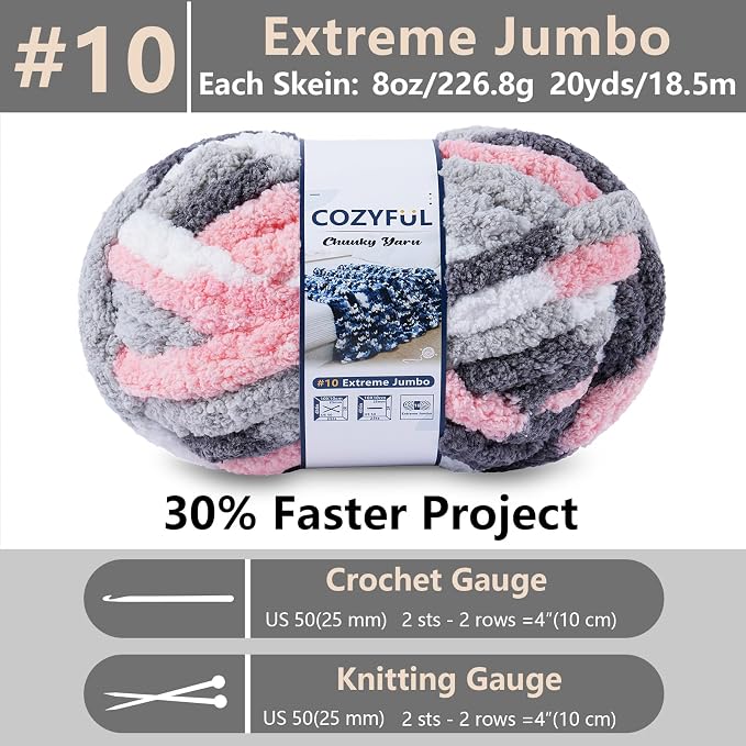 Cozyful Chunky Yarn for Hand Knitting - #10 Chunky Chenille Blanket Yarn, Jumbo Big Thick Chunky Yarns for Crocheting, Tie Dye Bulky Knit Yarns, 8 Skein (20 yds 8 oz Each Skein), Pink & Grey & White