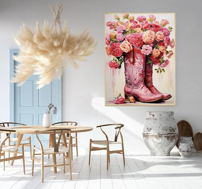Accompany Wind Pink Boots Diamond Art Kits for Adults, 5D Boots Flower Diamond Painting Kits for Beginners,DIY Round Full Drill Diamonds Gem Art Crafts for Home Wall Decor Gifts 12x16 Inch