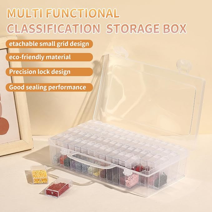 1 Pack 64 Grids Diamond Painting Tool Box Container Craft Storage with Adjustable Dividers for Beads, Art DIY, Crafts, Jewelry, Plastic Organizer with Label Stickers