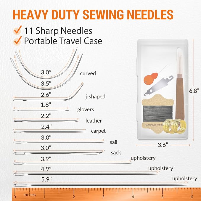 VONEEDL Upholstery Repair Kit: Waxed Sewing Thread (Black Color) & Heavy Duty Needles (11 PCS) for Leather, Canvas & Quilting Thread