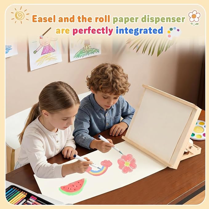 Tabletop Easels for Kids Painting with Paper Roll Dispenser | (Paper Roll Not Included), 3 Angles Adjustable Art Drawing Board, Wood 13.8" x 11.4" Portable Fodable Easel with Gift Box
