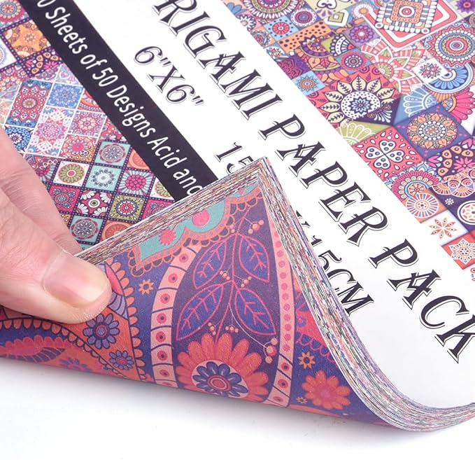 Origami Paper 50 Sheets, 6-Inch Square Double Sided Colored Craft Paper | 70GSM colorful paper,50 Vivid Pattern Origami Kit,DIY Hand Crafts,Arts Creativity,Easy to Fold,No-Fading.Ethnic Style