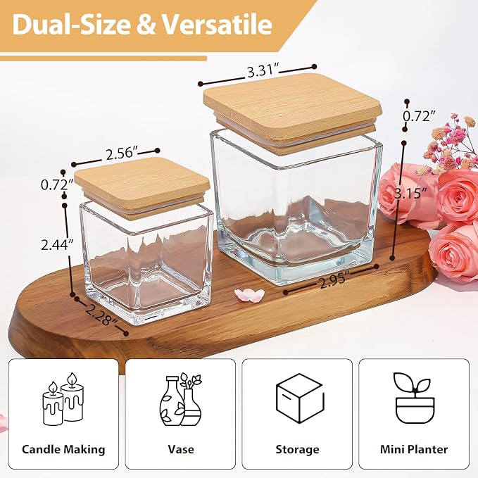 CONNOO 12 Pack 9oz & 3oz Clear Glass Square Candle Jars with Bamboo Lids