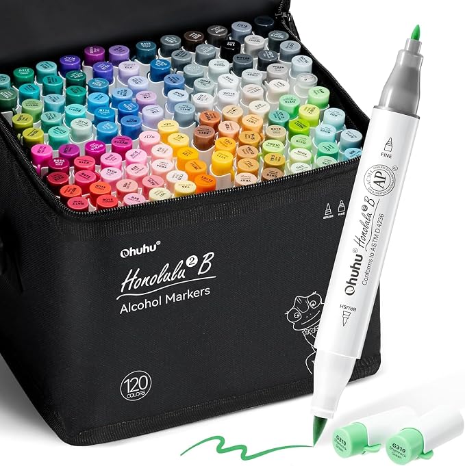 Ohuhu Alcohol Markers Brush& Fine 120 Colors for Adults Coloring Refillable | AP Certified Art Marker Set, Dual Tips Alcohol-based for Artists Beginners Drawing Illustration Sketching, Honolulu 2B