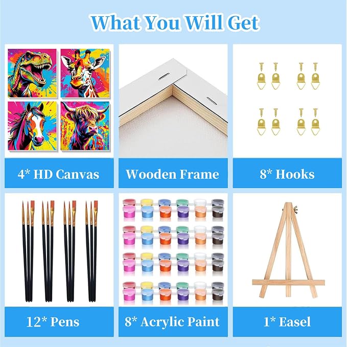 Arttoplus 4 Pack Paint by Numbers Kit for Kids with Frame, Animals 8x8in | Kids Paint by Numbers Ages 4-8-12 with Wooden Easel, Dinosaur Cow Horse Giraffe Oil Painting by number for Gift Home Decor