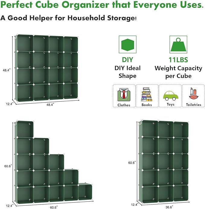 C&AHOME 16 Cube Storage Organizer Cube Shelf Units Storage Cubes, Green