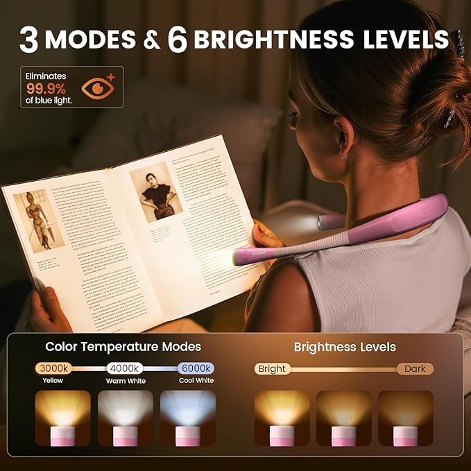Glocusent Reading Light,Pink Neck Light,80-hr Rechargeable Book Light | 3-Color&6-Brightness, USB-C,LED Neck Reading Light,Women, Travel,Portable, Repairing,Crochet, Christmas, Book Lovers Gifts