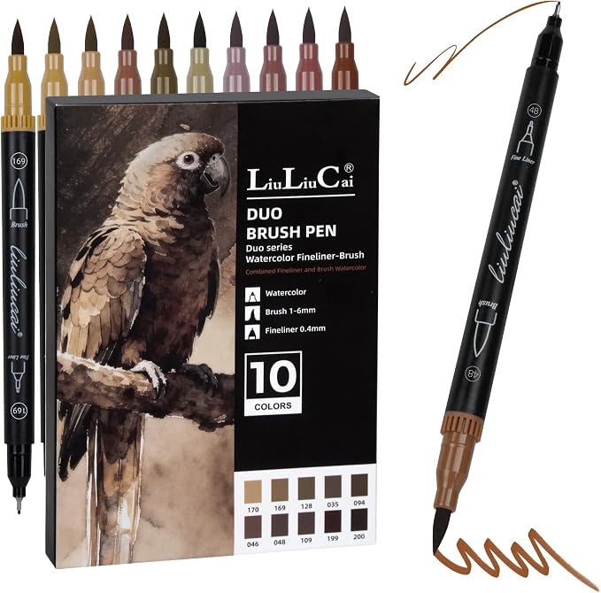 LIULIUCAI 10 Brown Dual Markers, Fine & Brush Tip Pen for Adult Coloring