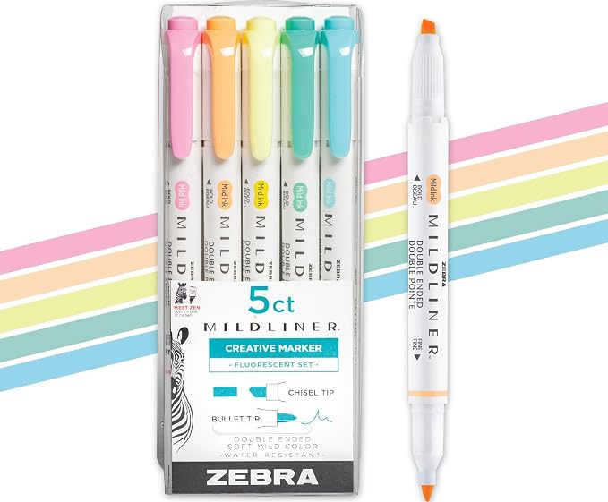 Zebra Pen MILDLINER No Bleed Highlighter, Assorted, Dual Tip, 5-Pack | Broad and Fine Point Tip Marker Set, Ideal for Bible Highlighting, Journaling, School, Teacher and Office Supplies (78105)