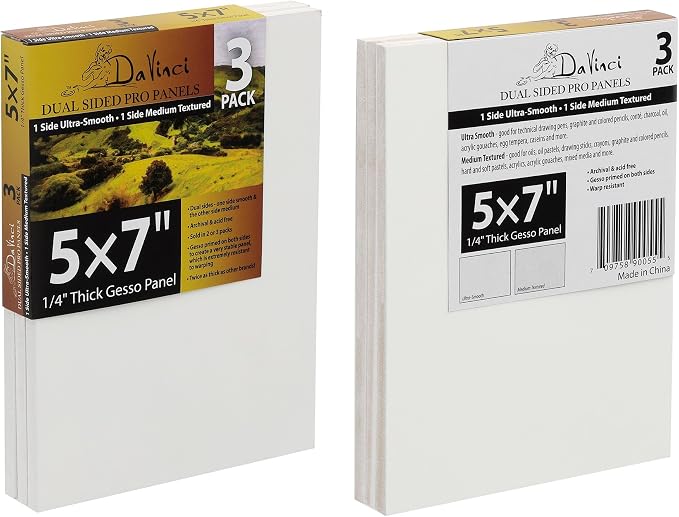 Jerry's Artarama Da Vinci Dual Sided Pro Panel Board - 3-Pack, 5x7" 6mm Deep Panels for Painting - Archival, Acid-Free Art Supplies - Ultra-Smooth & Medium Textured Paint Surfaces