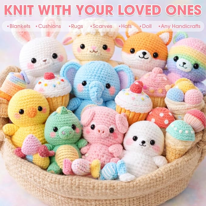 Buryeah Pastel Rainbow 8 Packs Crochet Yarn Knitting Bundle Beginner Acrylic Thread Fluffy Hand Tube Polyester Yarn Needles Bulky Kit Variety Pack 726 Yards for Weaving Crafts DIY Project Beginner