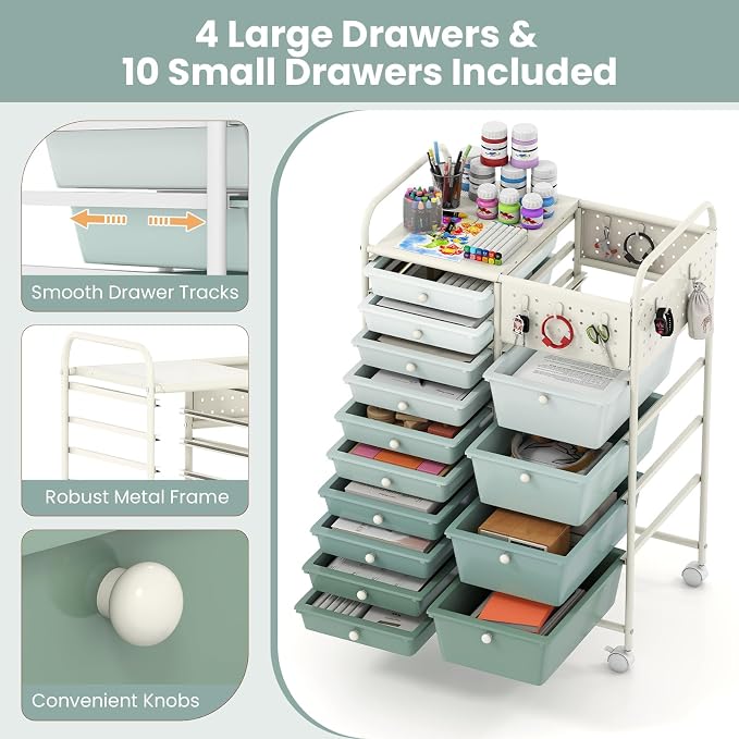 Giantex 14 Drawer Storage Cart, Rolling Craft Cart with Metal Tabletop & Pegboard, Mobile Utility Organizer Trolley with Locking Wheels, Home Office, Green Gradient