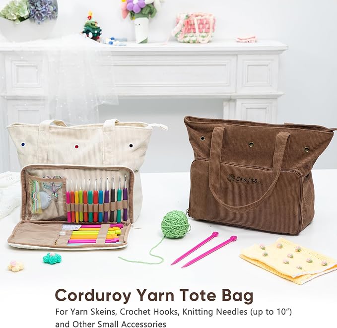 MYBAGZING Large Corduroy Yarn Bag - Tote for Crochet Hooks & Accessories - Knitting Storage Bag