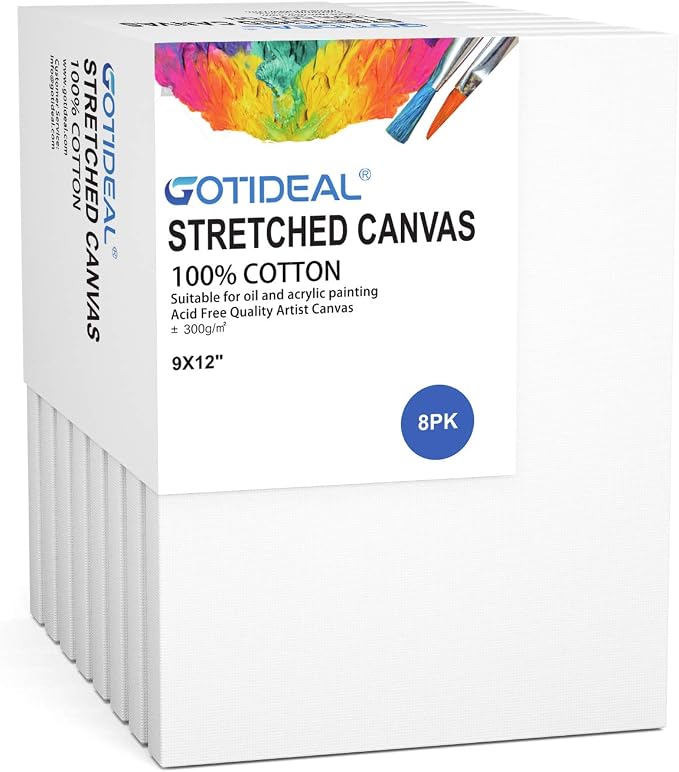 GOTIDEAL Stretched Canvas, 9x12 Inch Set of 8, Primed White | 100% Cotton Artist Canvas Boards for Painting, Acrylic Pouring, Oil Paint Dry & Wet Art Media