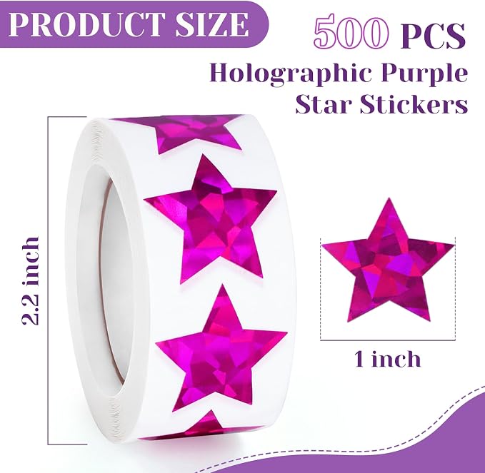 Imeepa 500PCS Holographic Purple Star Stickers, 1" Reward Labels